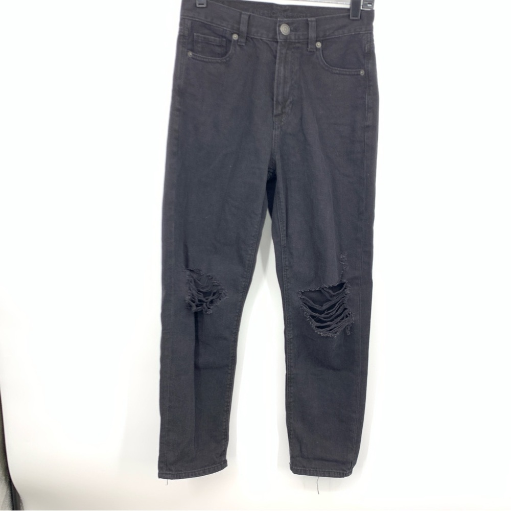 American‎ Eagle Women Size 4 Jeans Mom Straight Black Denim Pants Distressed